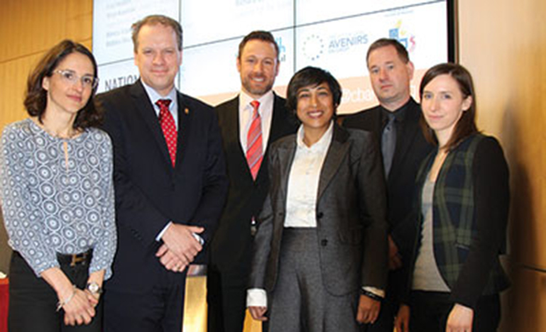 CBA president Fred Headon (2nd fr. left) introduced the panellists: Marie-Claude Rigaud, Mathieu Bouchard, Monica Goyal, Mitch Kowalski and Béatrice Bergeron