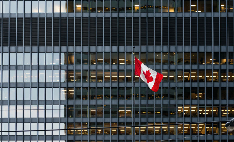 Canadian flag in business district