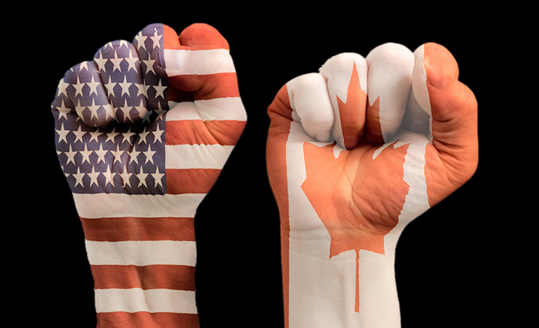 Two fists with embedded American and Canadian flag