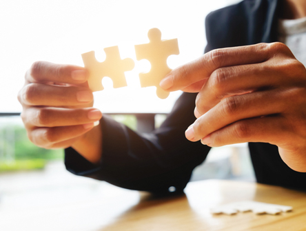 Close up on person holding two puzzle pieces